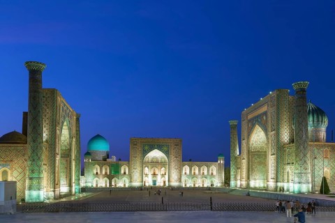 Registan square in Samarkand historical center, Uzbekistan. Evening