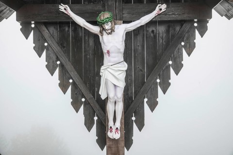 Autumn atmosphere, Christ on the cross, wayside shrine, near Kitzeck, Sausal, Styria, Austria,