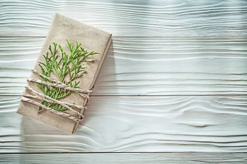 Packed corded handmade gift box with thuya branch celebrations concept