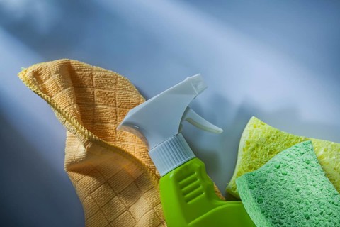 Set of cleaning items on white background