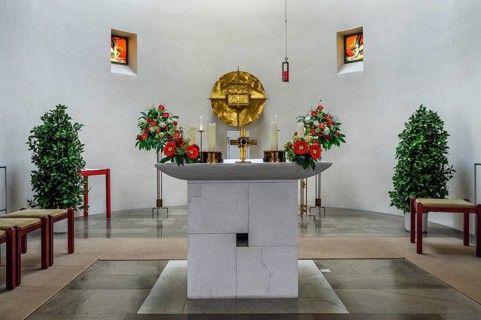 The flower-decorated altar in the Church of the Visitation of the Virgin Mary, Leubas near Kempten,