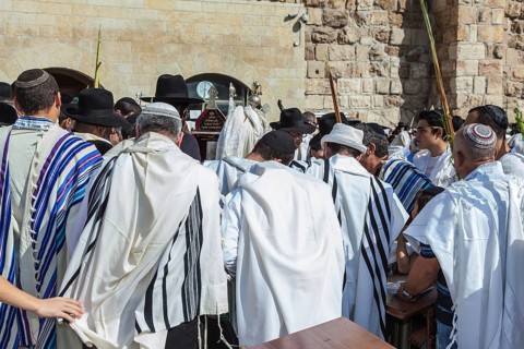 JERUSALEM, ISRAEL - OCTOBER 12, 2014: Morning autumn Sukkot. The area in front of Western Wall of