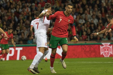 Football match, captain Cristiano RONALDO CR7 Portugal right looking from the front looking down,