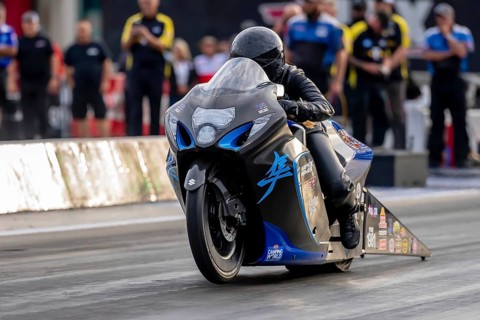 Sep 22, 2023-Concord, NC: NHRA Pro Stock Motorcycles Series driver, Kelly Clontz, runs down the
