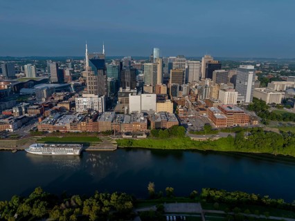 Aerial view of the city of Nashville, TN located on the Cumberland River. The city is the capitol