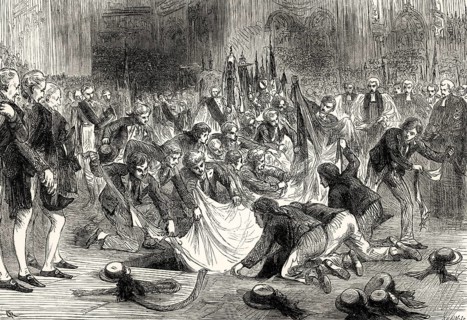 Horatio Nelson's funeral at St Paul's Cathedral on 9 January 1805, sailors tearing his flag apart