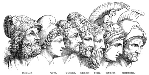 The heroes of the Trojan War: Menelaos, Paris, Diomedes, Odysseus, Nestor, Achilles, Agamemnon