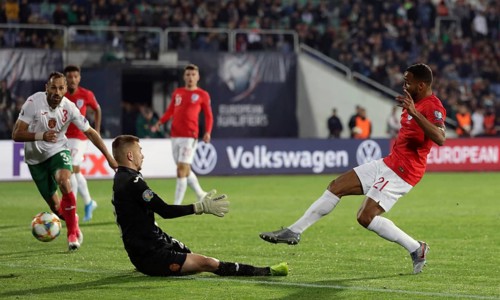 Sofia, Bulgaria - 14 October 2019: Callum Wilson is seen scoring against Bulgarian goalkeeper