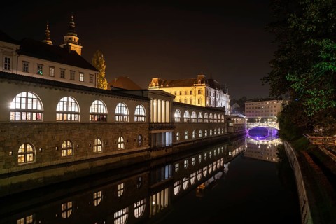 Iconic building of the central market in Ljubljana illuminated at night, the bridge of Preseren