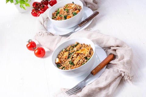 Kaszotto Polish dish made from buckwheat with grilled chicken