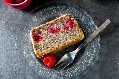 Poppy seed cake with raspberries and desiccated coconut