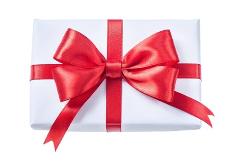 White wrapped gift box with red ribbon isolated on white