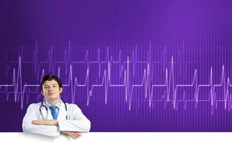 Young handsome doctor holding white blank banner. Place your text