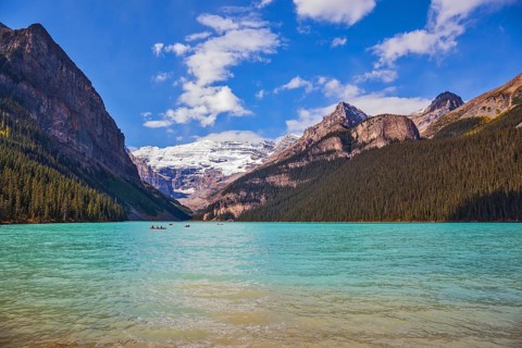 Banff National Park, Canada, Alberta. Magnificent Lake Louise with emerald green water surrounded