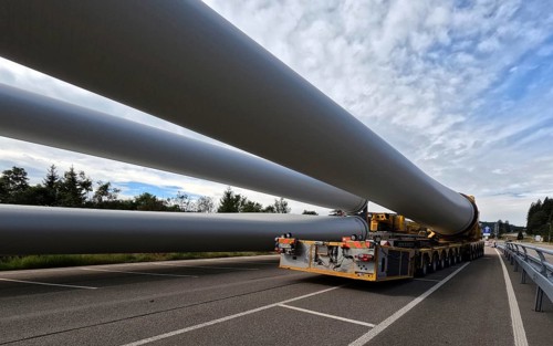 Ready to go, the 68-metre-long rotor blade is attached to the 138-tonne self-propelled transporter