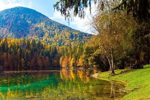 Orange, yellow and red trees are reflected in the green smooth water of the lake. Lake Fuzine.