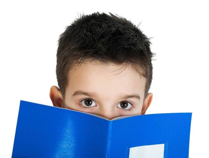 Child with notebook in front of the face. White isolated
