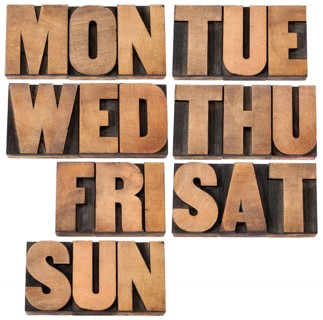 7 days of week (first 3 letter symbols) in isolated vintagewood letterpress printing blocks