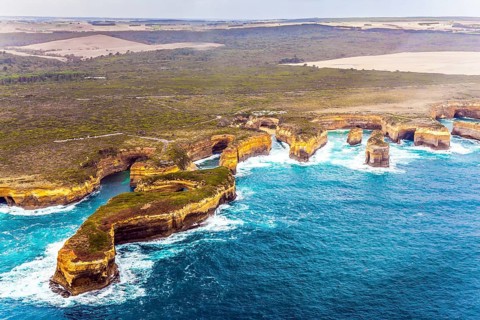 Scenic coastline. Picture taken from a helicopter. Australia, Port Campbell Park. Great Ocean Road