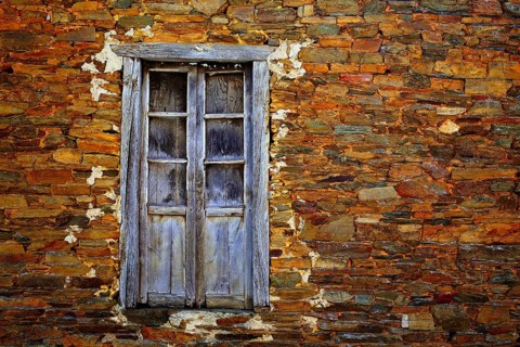 Way of Saint James slate stone and wooden window in Galicia Spain