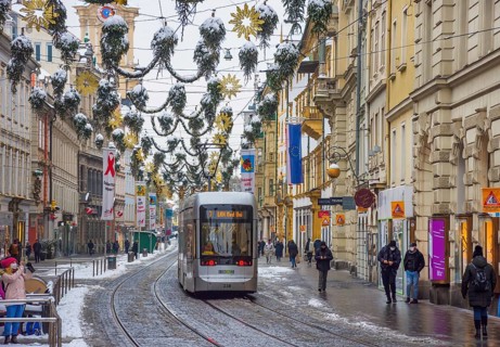 Graz, Austria - December 03, 2020: Beautiful Christmas decorations on famous Herrengasse street in