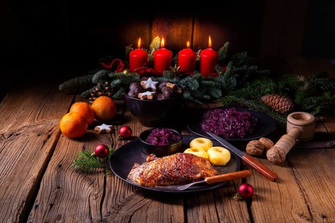 Classic and crispy roast duck with cabbage and dumplings