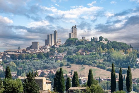 Panoramic view of famous medieval town San Gimignano in the Tuscany, Italy, Europe