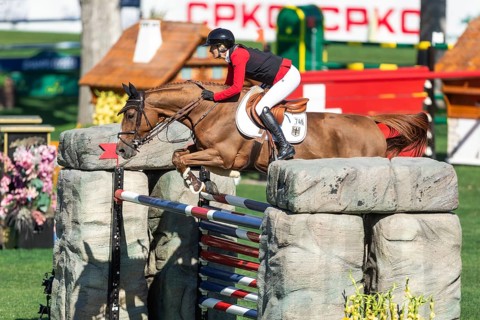 Calgary, Canada, Sept., 7, 2024. Jana Wargers of Germany, riding Dorette Old compete in the BMO