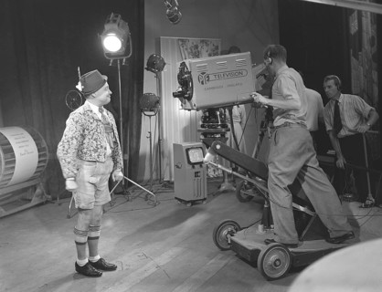 Television in the 1940s. Actor Max Hansen performing on televison 1948. A television broadcast