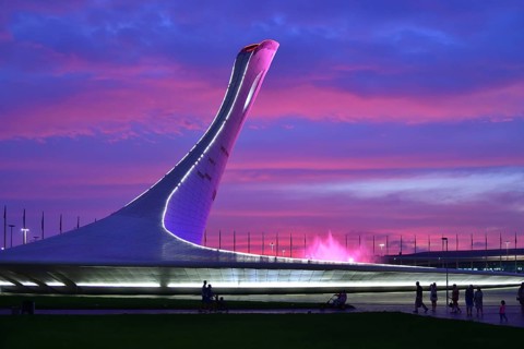 Sochi, Russia, May 29. 2018. Bowl of the Olympic flame Firebird and singing Fountain in the Olympic