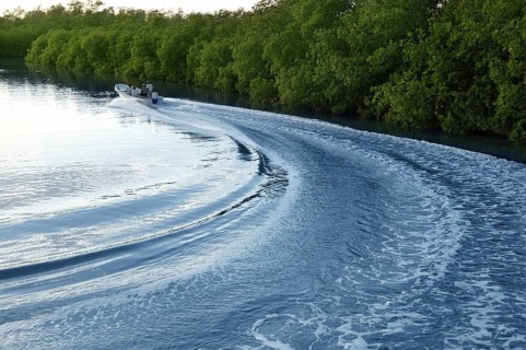 Boat ship wake prop wash curve on sunset lake river