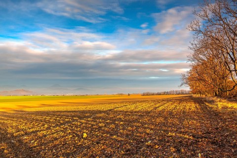 Autumn morning landscape over the city of Louny. Autumn plowed field at amazing sunrise. Czech