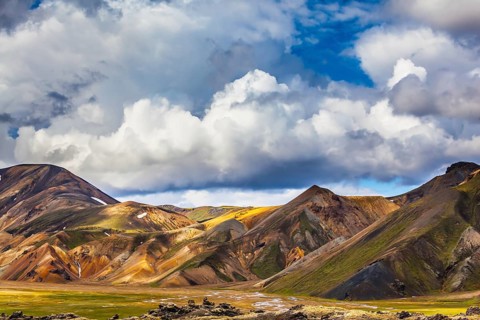 Travel to Iceland in the summer. National Park Landmannalaugar. Multicolored rhyolite mountains of