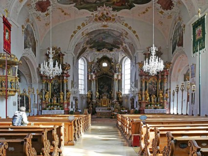 Opulent baroque decor in the Catholic town church of St Peter and Paul Mittenwald. Bavaria,