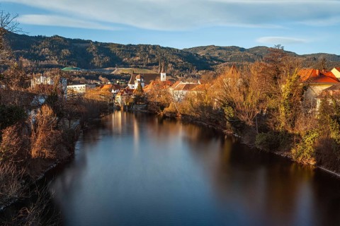 View of the historic city centre, old town of Leoben at the river Mur, Schwammerlturm and church St