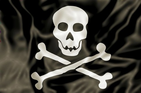 3D Pirate Flag waving, white skull and bones on black background