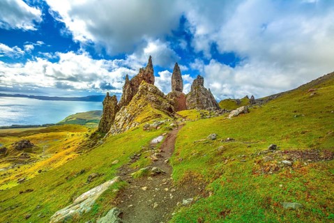 Old Man of Storr, large pinnacle of rock on top of a north hill in the isle of Skye, Highlands in