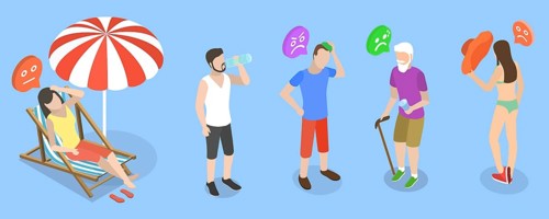 3D Isometric Flat Illustration of Extreme Hot Weather, Individuals Experiencing Excessive Heat