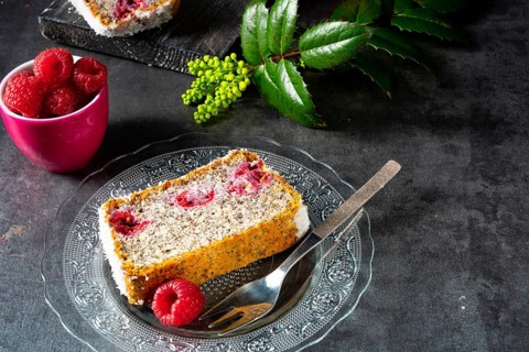 Poppy seed cake with raspberries and desiccated coconut