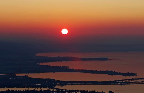 Sunset on Lake Constance, view from the Pfänder to the mouth of the Rhine into Lake Constance