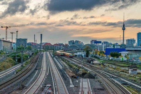 Berlin metro railway tracks with TV Tower in background