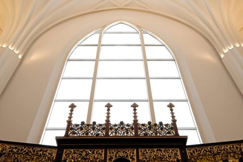 View upwards in the New Paulinerkirche Leipzig on Augustusplatz. Leipzig, Saxony, Germany, Europe