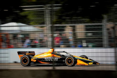 PATO OWARD (5) of Monterey, Mexico runs through the streets during the Honda Indy Toronto in