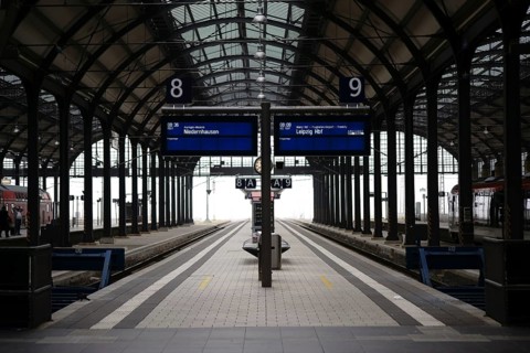 Wiesbaden, Germany - October 15, 2017: The interior of Wiesbaden Central Station with platforms and