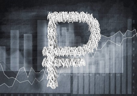 Big rouble currency symbol on graphs and diagrams background, 3D rendering