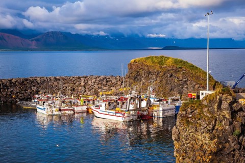Sunset on the sea fjord in Iceland. White fishing boat in the harbor pier village Arnastapi