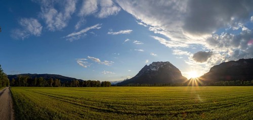 Sunset behind mountain range, Grimming, panoramic shot, near Irdning, Styria, Austria, Europe
