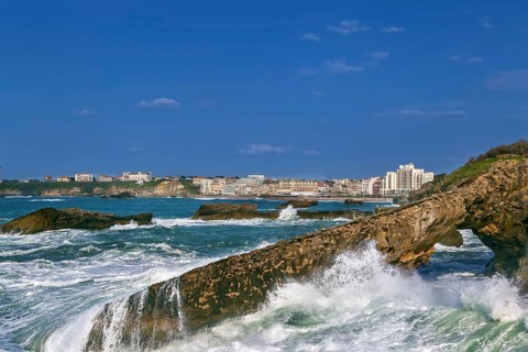 Waves crashing on rocks on the Bay of Biscay in Biarritz, France, Europe