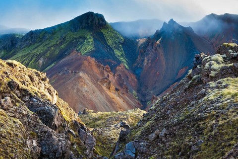 The picturesque valley surrounded by rhyolite mountains. Summer morning in the National Park