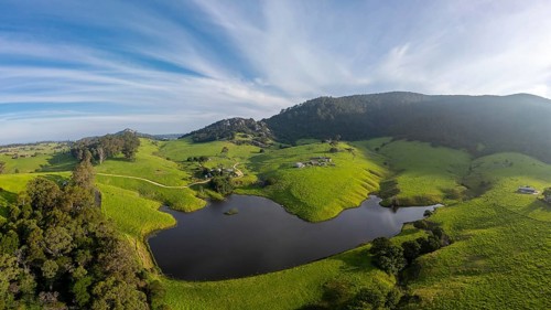 Aerial view at sunset over Mount Dromedary near Central Tilba in New South Wales, Australia,
